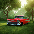 Vintage Red and White Chevrolet Car in Lush Green Forest