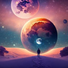 Person on Pathway Towards Surreal Landscape with Oversized Moons and Stars