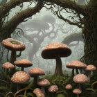 Enchanting forest scene with towering mushrooms and twisting vines