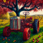 Vintage Red Tractor and Apple Tree Scene in Colorful Countryside