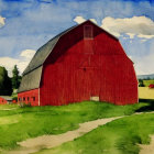 Red barn with green roof in lush greenery under blue sky