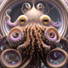 Detailed surreal octopus with intricate patterns and expressive eyes in a bubble-filled sea