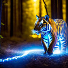 Blue Neon-Lit Tiger Walking in Night Forest