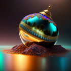 Colorful Reflective Bauble with Mountain and Tree Motifs on Red Powder Mound