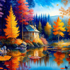 Colorful autumn forest scene with reflective lake and butterflies