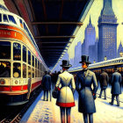 Vintage streetcar scene with people in early 20th-century attire and tall buildings