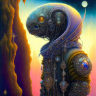 Intricate Alien Figure with Ornate Headpiece in Fantastical Setting