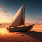 Wooden sailboat stranded on sand dunes under vivid sunset sky