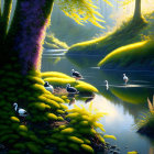 Tranquil landscape with ducks, lush greenery, and soft sunlight