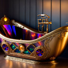 Luxurious golden bathtub with jewel inlays and classic faucets against dark paneled wall