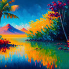 Tropical landscape painting: vibrant dusk scene with reflections, palm trees, colorful foliage, and distant mountains