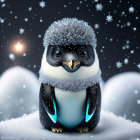 Illustrated penguin in snowfall on wintry background