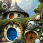 Fantasy cottages with round doors in mountain landscape