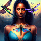 Digital artwork of woman with dragonflies in warm sky