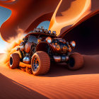 Futuristic off-road vehicle racing in desert with sand dunes