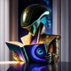 Alien in glossy helmet and ornate armor reading galaxy book by space window