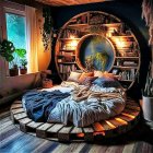 Circular bed, stained glass windows, plush bedding & ambient lighting in cozy bedroom