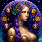 Surreal portrait of woman with purple hair and golden adornments, surrounded by cosmic cats and celestial