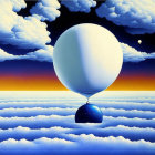 Surreal painting: Large white balloon over ocean with clouds and moon