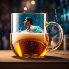 Miniature Man Swimming in Beer Mug Digital Artwork Against Blurred Bar Background