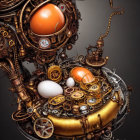 Steampunk machinery with eggs, gears, and cogs in golden hue