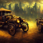 Steampunk-style vehicles on road in industrial cityscape.