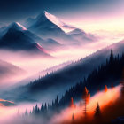 Misty mountains and glowing forests in serene landscape