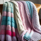 Vibrant knitted blanket with purple-blue-pink gradient on wooden chair