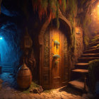 Mystical Cave with Ornate Door and Vibrant Moss