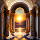 Ornate archway with classical columns framing sunset glow