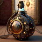 Steampunk-inspired potion bottle with gears and mechanical details