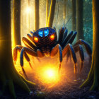 Glowing-eyed spider in mystical forest with illuminated trees