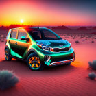 Colorful Car on Desert Dune at Sunset with Reflective Surface