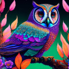 Colorful Owl Artwork with Intricate Feather Patterns on Branch