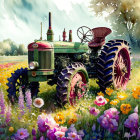 Vintage green tractor in colorful flower field under sunny sky