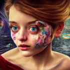 Digital artwork: Girl with fragmented, crystalline face and colorful chaos revealed.