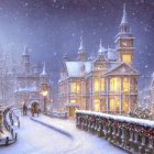 Snow-covered street with Victorian buildings, Christmas tree, and people in snowfall