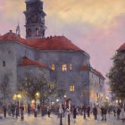 Historical Square at Twilight with People and Red-Roofed Buildings