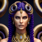 Stylized portrait of woman with purple hair and snake-like elements