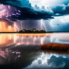 Dramatic lightning bolts over serene lake at dusk