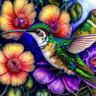 Colorful hummingbird in flight among flowers on blue background