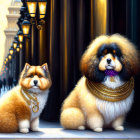 Ornately groomed dogs with gold accessories on city street