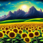 Scenic landscape with sunflower field and majestic mountains