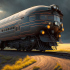 Vintage Train with Shining Headlights on Tracks at Dusk