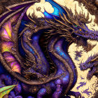 Colorful Multi-Headed Dragon Artwork with Purple Scales & Celestial Motifs