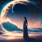 Woman on beach gazes at surreal planetary body at twilight