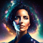 Digital artwork: Woman's portrait blended with cosmic background, starry nebula, mountain silhouettes