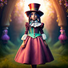 Young girl in Victorian-inspired costume in magical forest with purple flowers