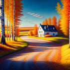 Vibrant autumn landscape with winding road and white house