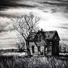 Abandoned house in desolate landscape with leafless trees